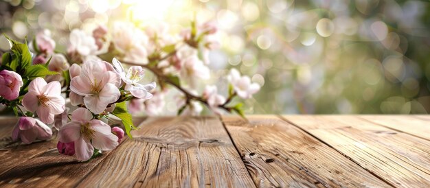 Frühlingsblumen blühen mit einem Holztisch als Hintergrunddekoration