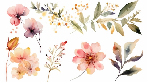 Frühlingsblumen Botanische Designelemente im Aquarellstil AI generativ