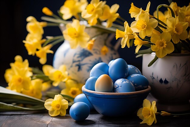Frühlingsblumen-Bucquet Glücklicher Ostern-Hintergrund ukrainische blau-gelbe Ostereier und Süßigkeiten