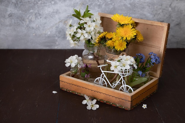 Frühlingsblumen in Gläsern und ein Fahrrad in einer alten Holzkiste. Frühlingsstilleben.