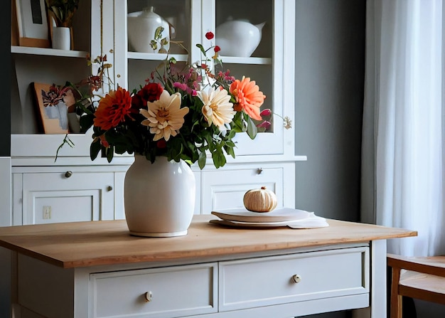 Frühlingsblumen in Glasvase auf Holztisch in der Küche Zeitgenössisches, elegantes Scandi-Interieur AI generiert