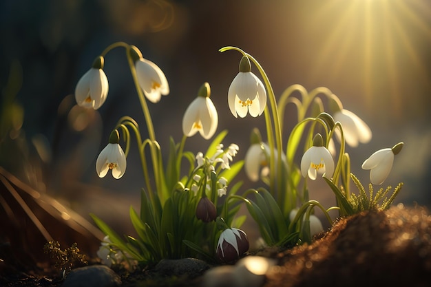 Frühlingsblumen Schneeglöckchen unter den Strahlen der SonneDie Schönheit der Natur Generative KI