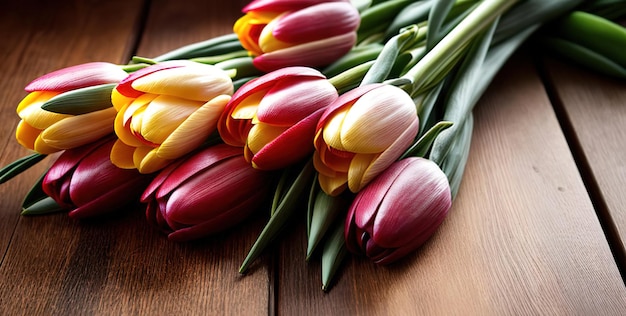 Frühlingsblumen, Tulpen, Banner, Kopierraum auf hölzern Hintergrund, Tisch, rosa, rot, gelb, Blumenstücke liegen