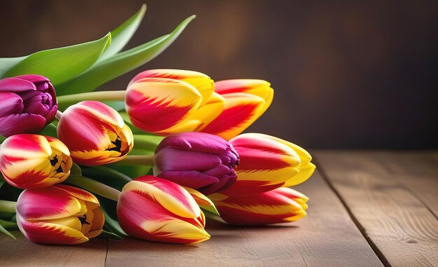 Frühlingsblumen, Tulpen, Banner, Kopierraum auf hölzern Hintergrund, Tisch, rosa, rot, gelb, Blumenstücke liegen