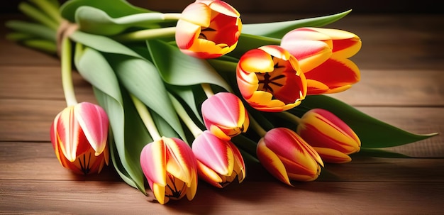 Frühlingsblumen, Tulpen, Banner, Kopierraum auf hölzern Hintergrund, Tisch, rosa, rot, gelb, Blumenstücke liegen