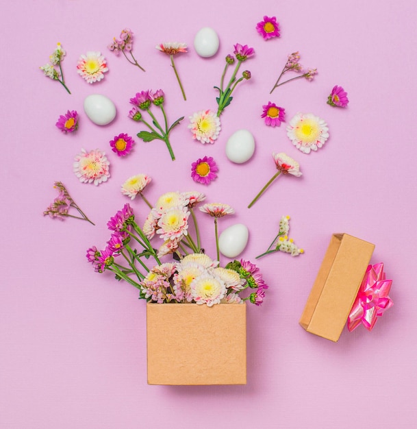 Frühlingsblumen und Ostereier schweben aus der Geschenkbox über violettem Hintergrund