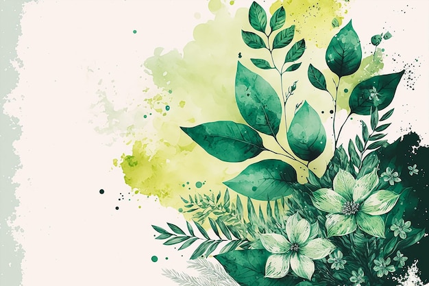 Frühlingsblumenaquarellhintergrund im Grün mit Blattillustration. KI generiert