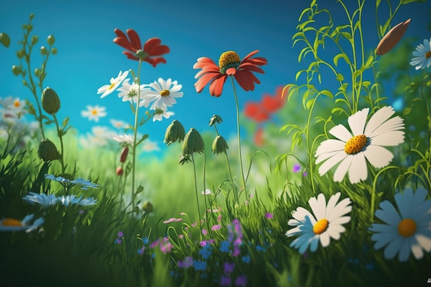 Frühlingsblumenfeld Illustration AI Generative