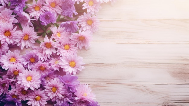 Frühlingsblumenhintergrund Frische Asternblumen auf weichem grauem Holztisch mit leerem Platz für Text