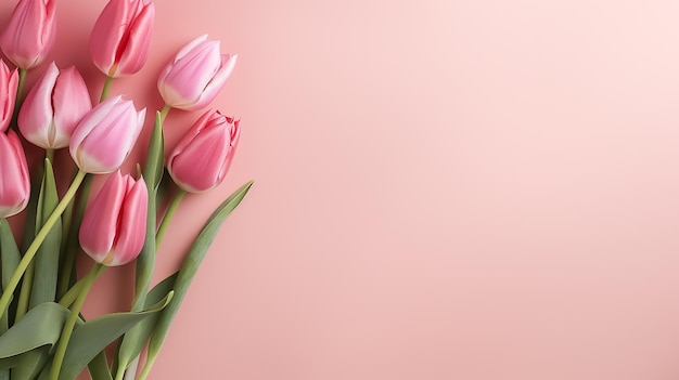 Frühlingsbüchel mit rosa Tulpen auf einem isolierten rosa Hintergrund mit Copyspace-Pastelfarben