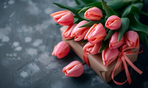 Frühlingsbüchel Tulpen mit Geschenkkiste auf grauem Hintergrund Frühling flach legen