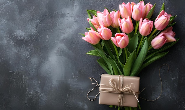 Frühlingsbüchel Tulpen mit Geschenkkiste auf grauem Hintergrund Frühling flach legen
