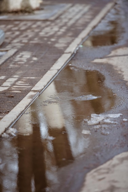 Frühlingsbürgersteig in der Stadt Nasser Asphalt