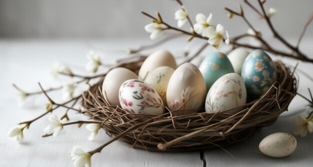 Frühlingseier in einem gewebten Korb, umgeben von Blumen