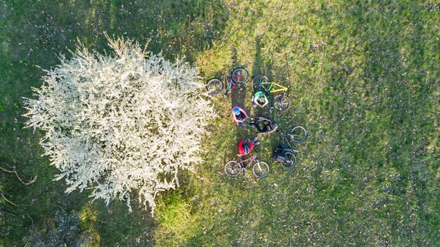 Frühlingsfamilie Radfahren auf Fahrrädern Luftaufnahme von oben glückliche aktive Eltern mit Kindern