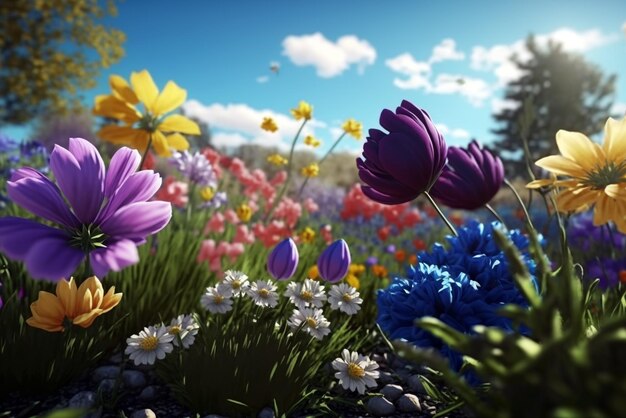 Frühlingsfeld voller schöner Blumen an einem sonnigen Tag mit blauem Himmel im Hintergrund