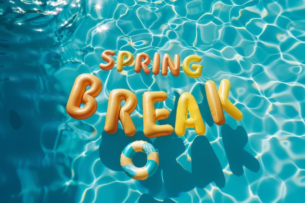Frühlingsferienwort, das in einem aufblasbaren Pool geschrieben ist, schwebt in einem Sommerferien-Schwimmbad