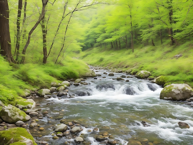 Frühlingsflusslandschaft Schneller Strom in einem Bergwald zu einer Frühlingszeit