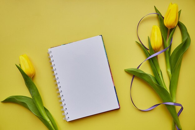 Frühlingsgelbe Tulpen und Notizblock verspotten das Women39s-Tageskonzept Lila Band in Form der Nummer 8 Wunsch- oder Einladungsmock-up-Karte Kopierbereich Ansicht von oben