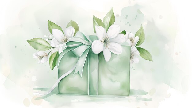 Frühlingsgeschenkkiste mit weißen Blumen und Pastellbandillustration