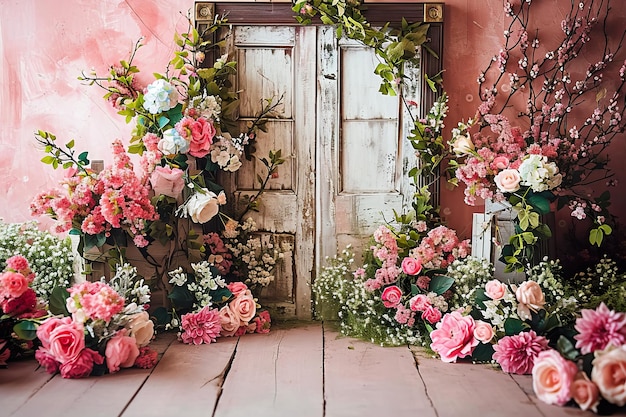 Frühlingsgestaltung mit bunten Blumen rosa Vintage-Holzparket