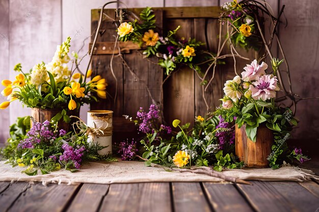 Frühlingsgestaltung mit bunten Blumen rosa Vintage-Holzparket