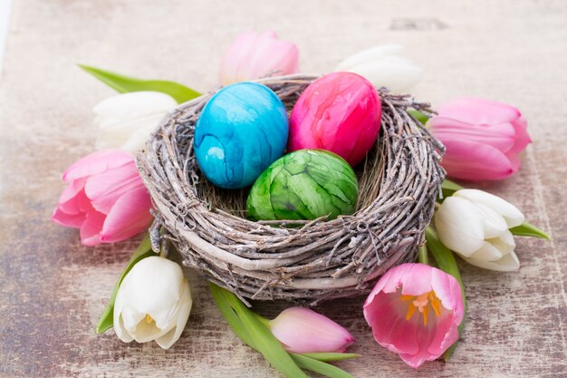 Frühlingsgrußkarte. Ostereier im Nest. Frühlingsblumen Tulpen.