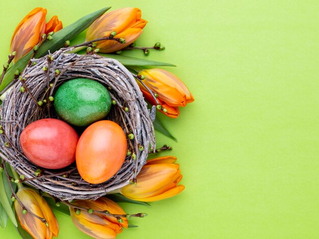 Foto frühlingsgrußkarte ostereier im nest frühlingsblumen tulpenx9xdxa