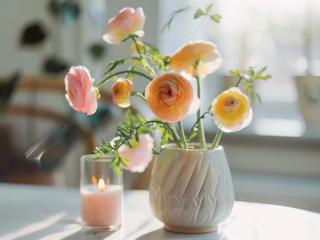 Foto frühlingshäuserdekoration frühlings-interiordekorationen mit blumen und brennenden kerzen hellweiß