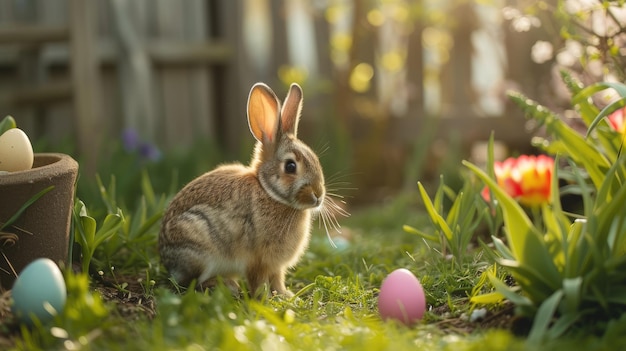 Frühlingshase erfreut Eier und Kaninchen