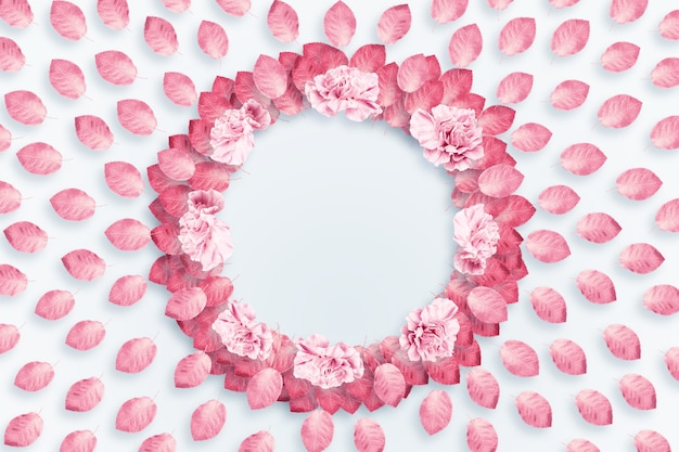 Frühlingshintergrund, runder Rahmen, ein Kranz von rosa, roten Gartennelken auf einem hellen Hintergrund