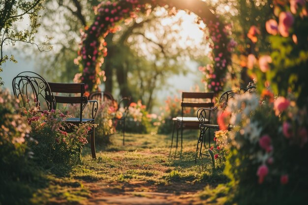 Frühlingshochzeitszeremonie im Garten mit Blumen