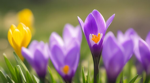 Foto frühlingsjuwelen krokusblüten am stiel mit blättern zur feier der ankunft der saison