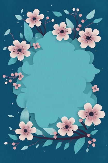 Frühlingskartenmodell mit Kirschblüte auf blauem Hintergrund und Platz für Text