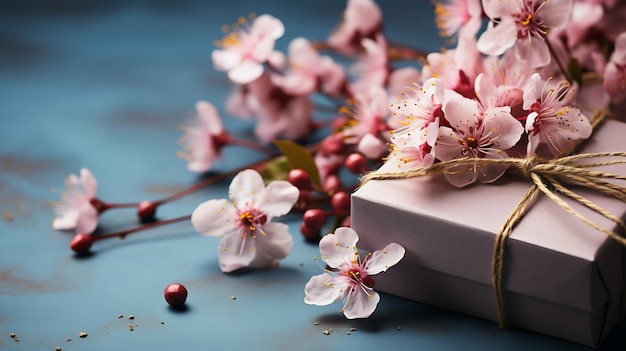 Frühlingskomposition mit rosa Blumen und Geschenkkiste auf blauer Tischplatte Greeting c Generative AI