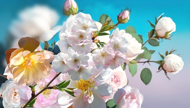 frühlingslandschaft blumen sträuße aus rosa weißen pastellfarbenen rosen gegen den blauen himmel valentine