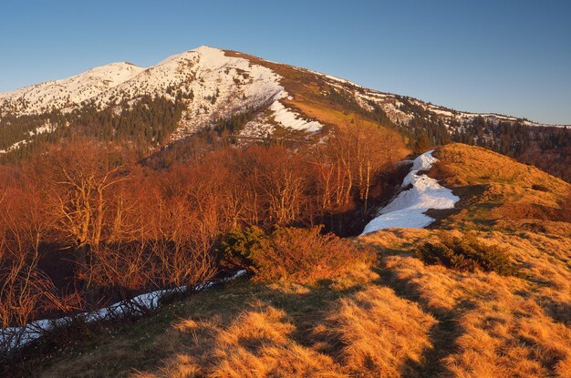 Frühlingslandschaft in den Bergen. Abendlicht der untergehenden Sonne. Letzter Schnee auf den Berghängen. Karpaten, Ukraine, Europa