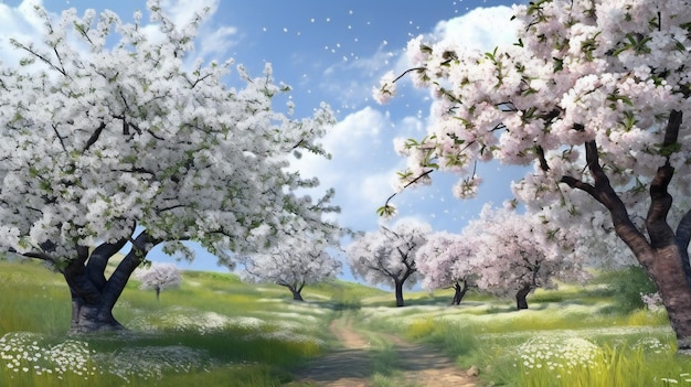 Frühlingslandschaft mit blühenden Apfelbäumen