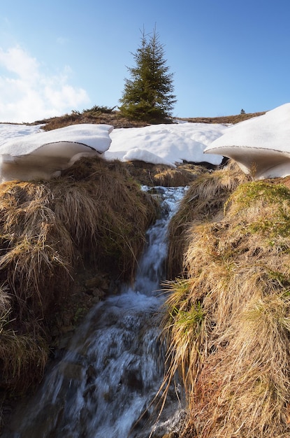 Frühlingslandschaft mit einem Bach. Schneeschmelze in den Bergen zuletzt