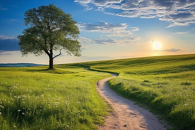 Foto frühlingslandschaft mit einem feld gelber tulpen und einem berg im hintergrund