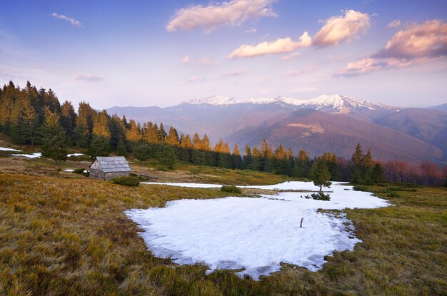 Frühlingslandschaft mit letztem Schnee auf der Lichtung. Hölzernes Hirtenhaus in den Bergen. Sonniger Abend. Karpaten, Ukraine, Europa