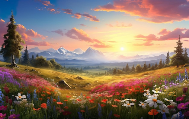 Frühlingslandschaft Panorama mit blühenden Blumen