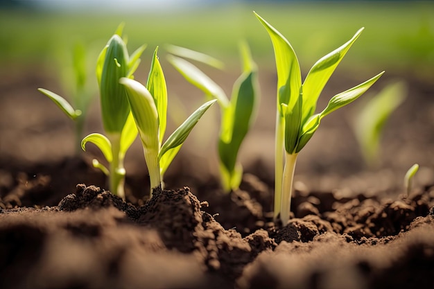 Frühlingsmais taucht auf dem Feld unscharf auf Grüne Energie aus Mais und anderen landwirtschaftlichen Pflanzen Nahaufnahme von Maissetzlingen, die in einer landwirtschaftlichen Umgebung aus dem Boden auftauchen