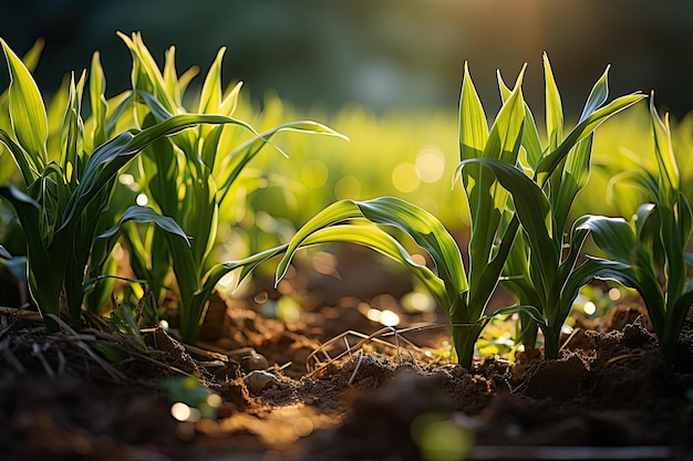 Frühlingsmais wächst unscharf auf dem Feld. Grüne Energie wird durch Mais und andere Agrarprodukte erzeugt