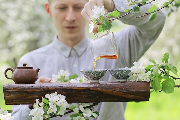 Frühlingsmorgen in Asien, traditionelle Teezeremonie in China Aroma Sakura