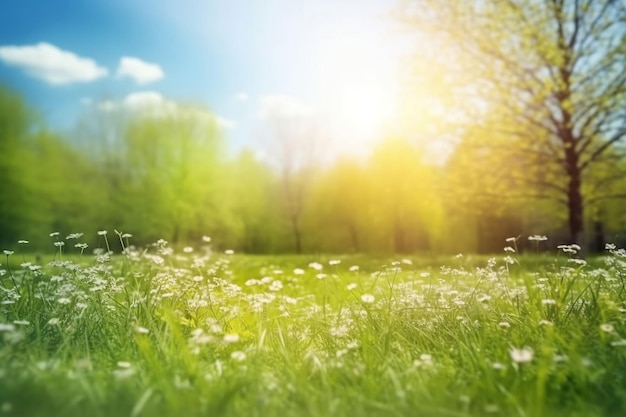 Frühlingsnaturhintergrund mit blühenden Lichtungsbäumen und blauem Himmel an einem sonnigen Tag im Unschärfestil