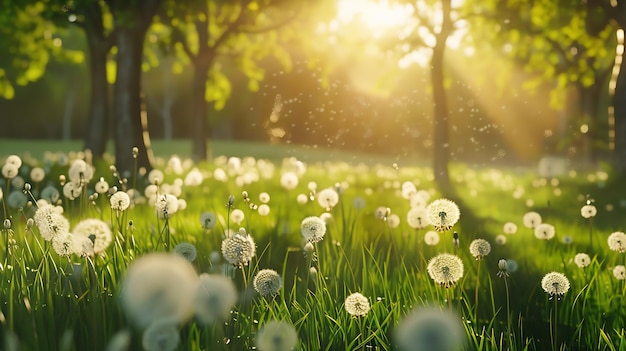 Frühlingsnaturszene Schöne Landschaft Park mit Löwenzahn Grünes Gras Bäume und f Generative KI