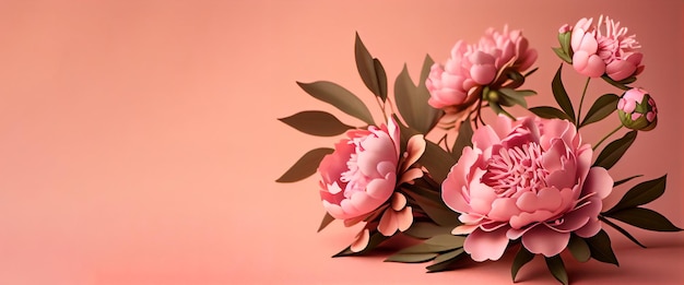 Frühlingspfingstrosenblumen auf rosa pastellfarbenem Hintergrund, Draufsicht im flachen Laienstil Gruß für Frauen- oder Muttertag oder Frühlingsverkaufsbanner Generative Ai