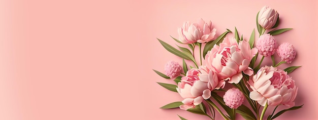 Frühlingspfingstrosenblumen auf rosa pastellfarbenem Hintergrund, Draufsicht im flachen Laienstil Gruß für Frauen- oder Muttertag oder Frühlingsverkaufsbanner Generative Ai