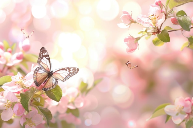 Frühlingsrosa Apfelblüten mit fliegendem Schmetterling auf rosa verschwommenem Hintergrund